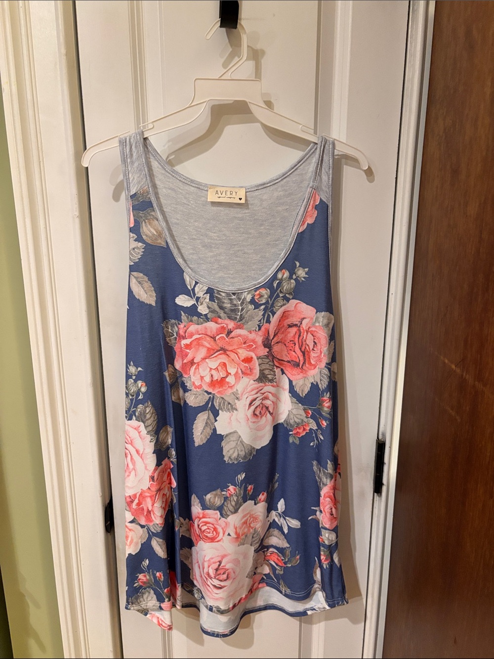 Avery Blue Tank Top with Pink Rose Print New TR104